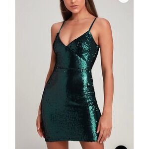 Lulus Glisten to Me Teal Green Sequin Surplice Mini Dress Womens Small‎